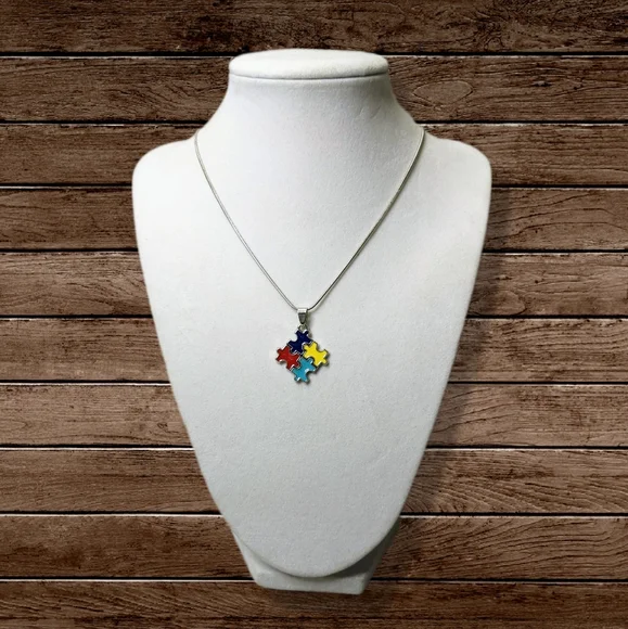 Autism Puzzle Piece Charm Necklace! Autism Awareness Pretty Silver Chain - Picture 10 of 12